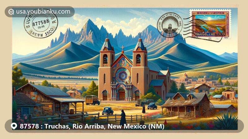 Detailed modern illustration of Truchas, New Mexico, embodying cultural heritage with Truchas Peaks as backdrop and Nuestra Señora del Rosario church in forefront, celebrating Spanish roots and agricultural lifestyle, adorned with postal theme including ZIP Code 87578.