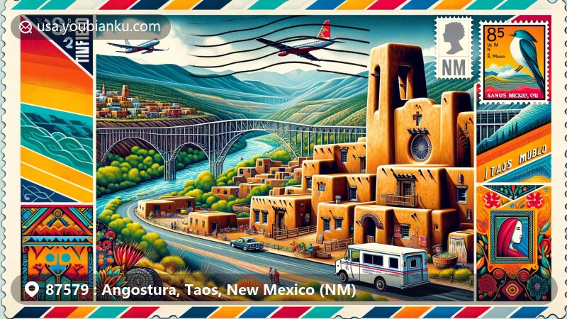 Modern illustration of Angostura, Taos, New Mexico, capturing the essence of the region with iconic adobe dwellings of Taos Pueblo and the majestic Rio Grande Gorge Bridge, featuring San Francisco de Assisi Mission Church and cultural symbols.