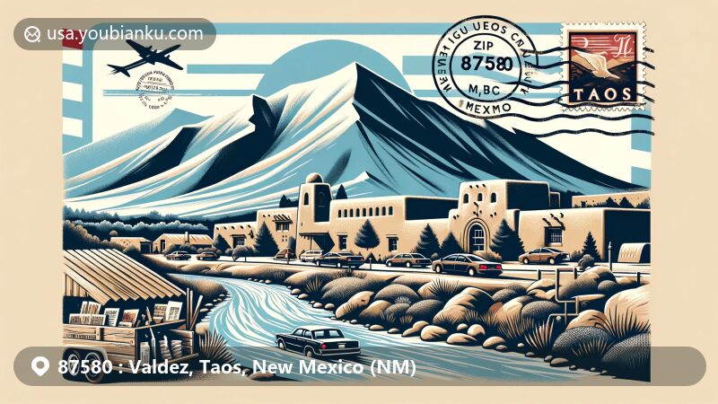 Modern illustration of Valdez, Taos County, New Mexico, showcasing scenic beauty with mountain landscapes and Rio Hondo river, integrating cultural elements of Taos like artist's palette and adobe architecture, featuring vintage air mail envelope with ZIP code 87580, postage stamp of Taos Mountain, and postmark 'Valdez, NM'.