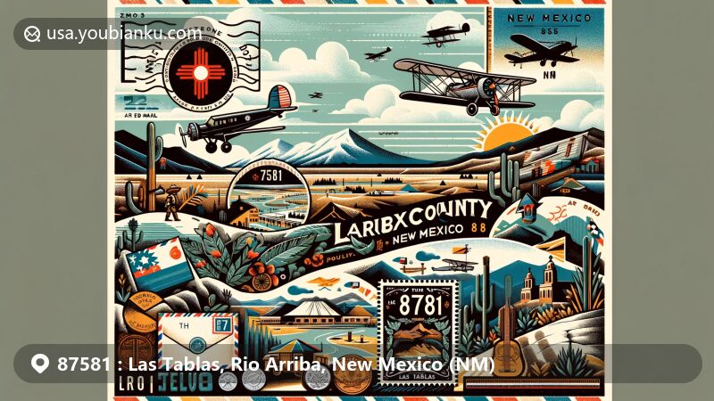 Modern illustration of Las Tablas, Rio Arriba County, New Mexico, highlighting ZIP Code 87581's postal theme with vintage air mail envelope, New Mexico state flag stamp, and Las Tablas postmark, showcasing geographical features, history like Battle of Embudo Pass, and cultural heritage.