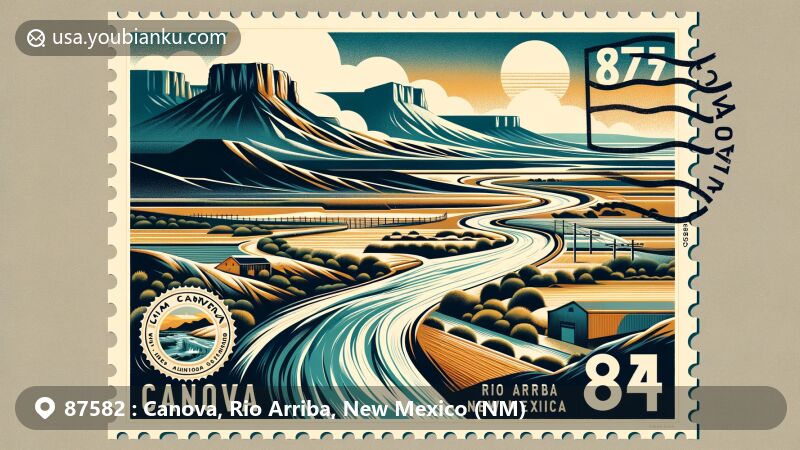 Modern illustration of Canova, Rio Arriba, New Mexico with postal code 87582, featuring Rio Grande, Truchas Peak, and cultural symbols in vintage airmail style.