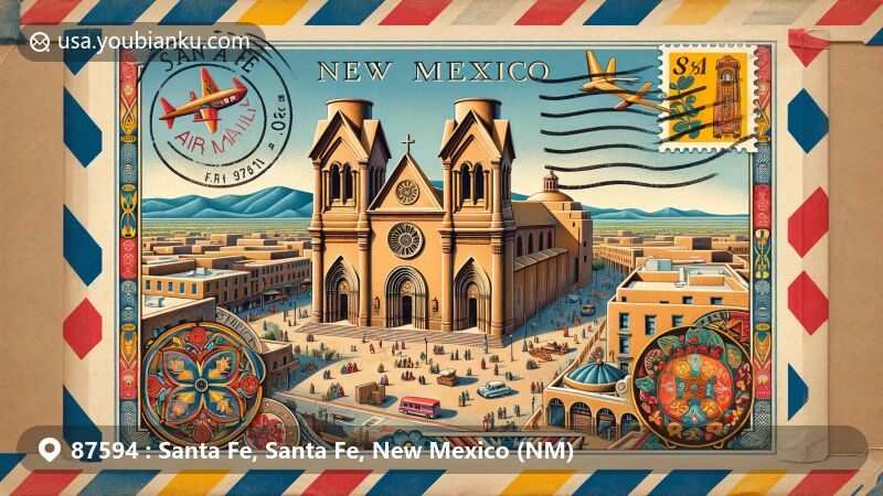 Modern illustration of Santa Fe, New Mexico, showcasing Cathedral Basilica of Saint Francis of Assisi, Santa Fe Plaza, Native American art, and Rio Grande, with postal theme and vintage air mail envelope design.