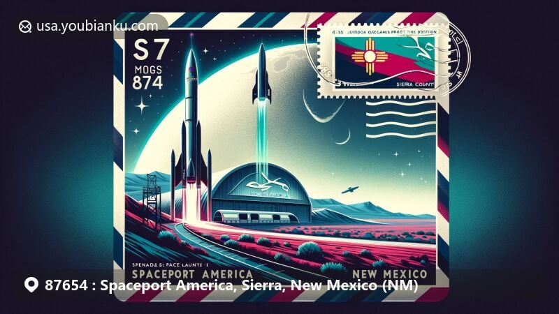 Modern illustration of Spaceport America in Sierra County, New Mexico, set against the Jornada del Muerto desert landscape, featuring a stylized airmail envelope with the New Mexico state flag, showcasing the area's cultural heritage and role as a commercial space launch site.
