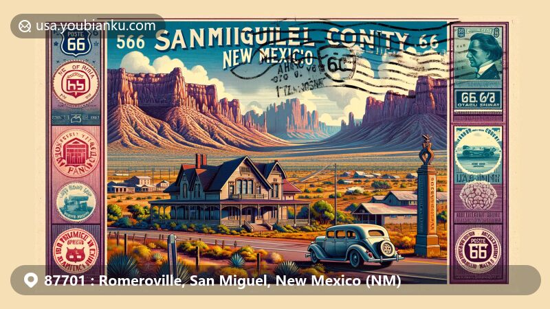 Modern illustration of Romeroville, San Miguel County, New Mexico, featuring Route 66 connection and vanished Ozark Trail Obelisk, scenic landscapes of Sangre de Cristo Mountains, Las Vegas Plateau, Storrie Lake State Park, Romero Mansion, and postal theme with '87701 Romeroville, NM'.