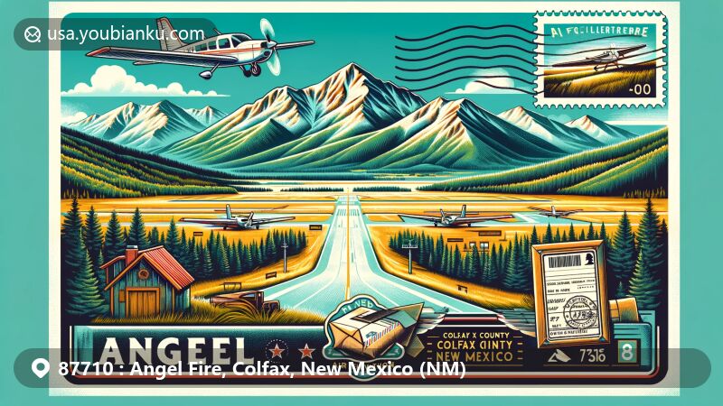 Vibrant illustration of Angel Fire, Colfax County, New Mexico, highlighting scenic Sangre de Cristo Mountains, Angel Fire Airport, vintage airmail envelope with stamp, and postmark for ZIP Code 87710.