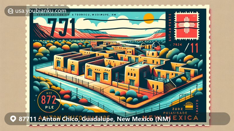 Modern illustration of Anton Chico, Guadalupe County, New Mexico, showcasing adobe houses, Pecos River, and New Mexico state flag, with vintage postal elements and ZIP Code 87711.