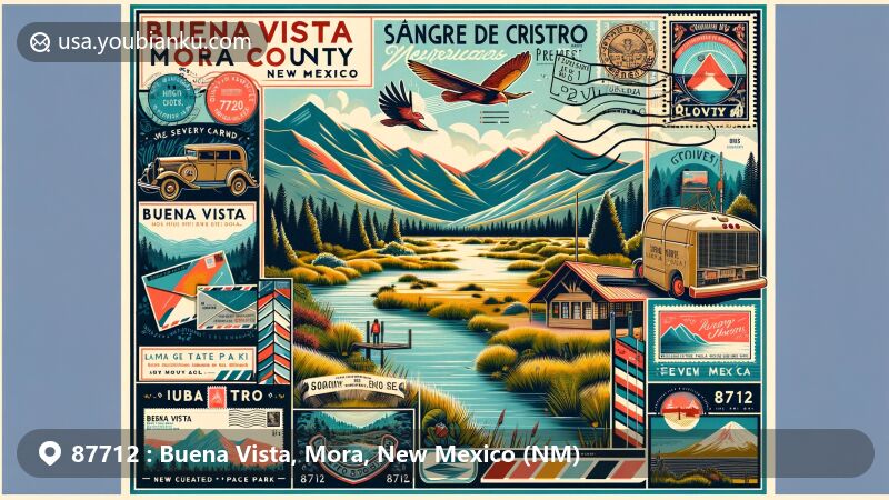 Modern illustration of Buena Vista, Mora County, New Mexico, combining postal theme with scenic landscapes of Sangre de Cristo Mountains and grassy prairie, featuring Morphy Lake State Park and Coyote Creek State Park.