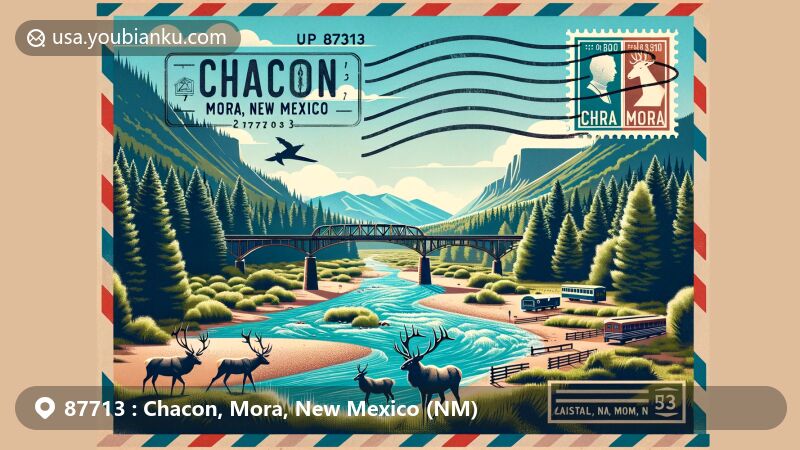 Modern illustration of Chacon, Mora, New Mexico, highlighting postal theme with ZIP code 87713, showcasing Mora River, lush forests, local wildlife like elk and mule deer, and picturesque Chacon Valley landscape.