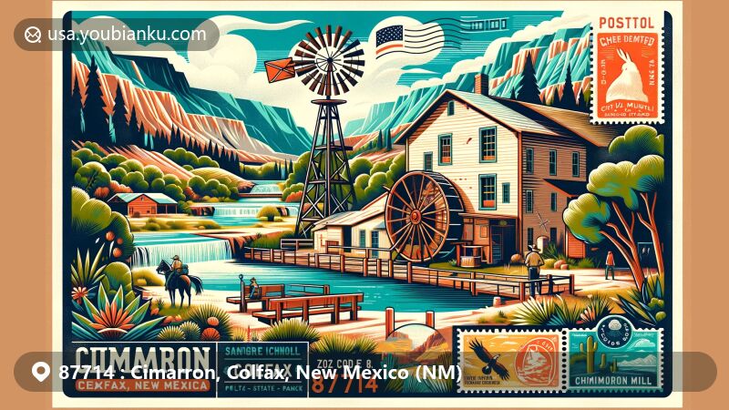 Modern illustration of Aztec Mill in Cimarron, Colfax, New Mexico showcasing heritage with surroundings of Sangre de Cristo Mountains and Cimarron Canyon State Park, integrating elements of Philmont Scout Ranch and postal theme.