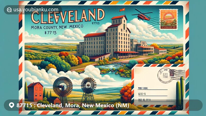 Modern illustration of Cleveland, Mora County, New Mexico, featuring postcard design with ZIP code 87715, showcasing iconic Cleveland Roller Mill Museum and picturesque landscapes of Mora Valley.