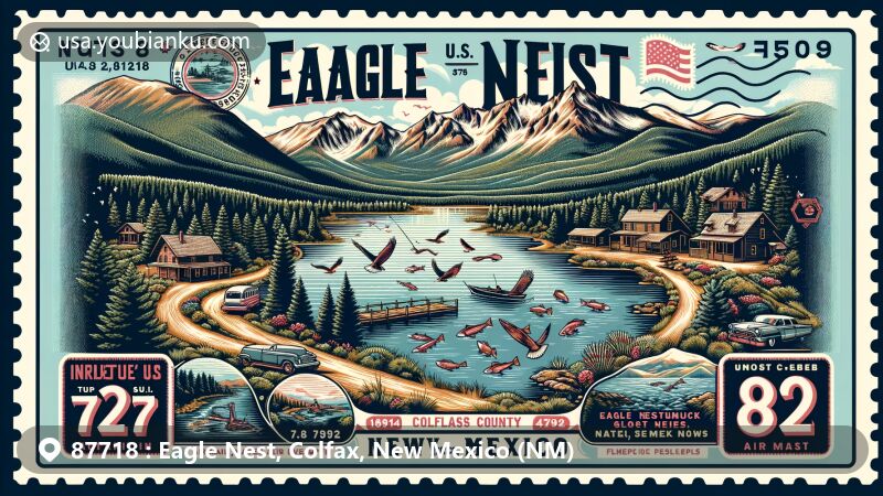 Modern illustration of Eagle Nest, Colfax County, New Mexico, capturing the scenic beauty and key landmarks of ZIP Code 87718, including Eagle Nest Lake, Moreno Valley, Wheeler Peak, local wildlife like kokanee salmon and rainbow trout, as well as elements of the village's history and Native American heritage.