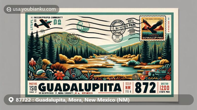 Modern illustration of Guadalupita, Mora County, New Mexico, with ZIP code 87722, featuring Coyote Creek State Park and postal elements in a contemporary postcard design.