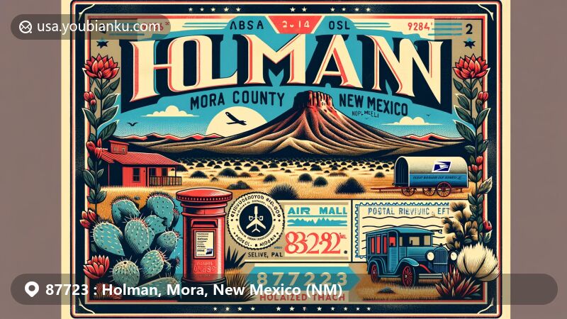 Modern illustration of Holman, Mora County, New Mexico, featuring postal theme with ZIP code 87723, vintage postcard elements, symbols of New Mexico, and Holman Hill scenery.