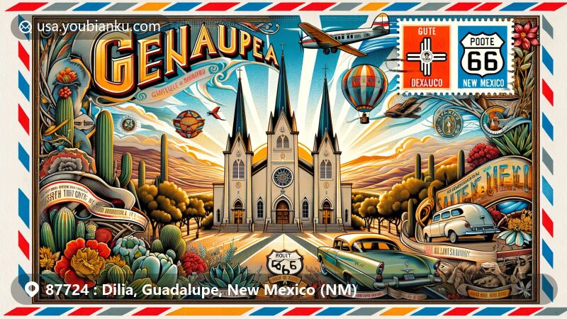 Vintage-style illustration of Dilia, Guadalupe County, New Mexico, showcasing postal theme with ZIP code 87724, featuring Sacred Heart Church, Route 66 elements, New Mexico state symbols, and exploration history.