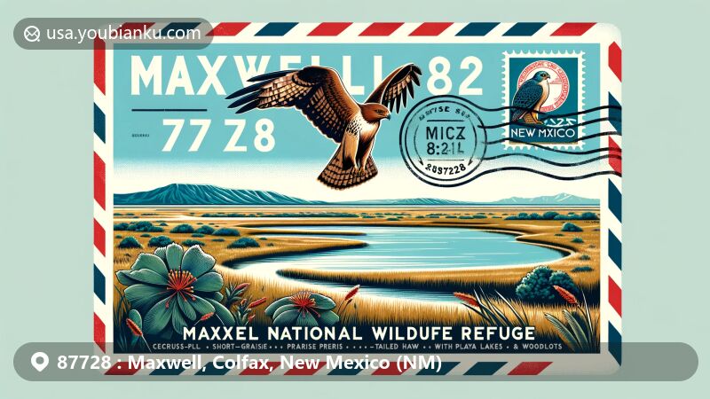 Modern illustration of Maxwell, New Mexico, showcasing postal theme with ZIP code 87728, featuring Maxwell National Wildlife Refuge and diverse bird species like Swainson’s Hawk and Red-tailed Hawk.
