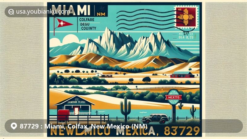 Modern illustration of Miami, Colfax County, New Mexico, showcasing postal theme with ZIP code 87729, featuring Sangre de Cristo Mountains, Philmont Scout Ranch, and Cimarron Canyon.