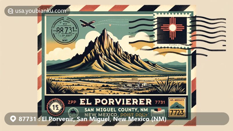 Modern illustration of El Porvenir, San Miguel County, New Mexico, featuring scenic beauty of Hermit Peak and vintage postcard theme with New Mexico state flag stamp, ZIP code 87731, and San Miguel County map outline.