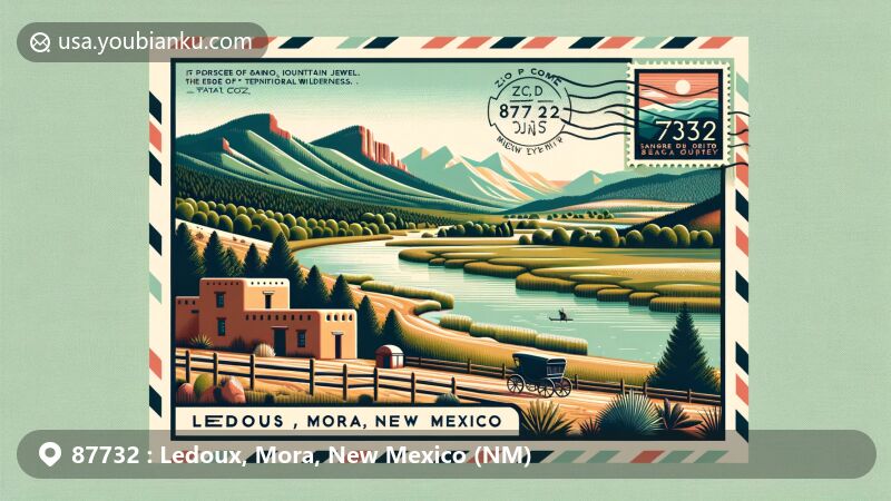 Modern digital postcard of Ledoux, Mora, New Mexico, ZIP Code 87732, showcasing Mora Valley with Sangre de Cristo Mountains, Morphy Lake State Park, Fort Union National Monument, and adobe architecture.