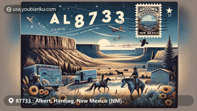 Modern illustration of Albert, Harding County, New Mexico, highlighting Kiowa National Grasslands, cowgirls, cowboys, and Canadian River Canyon, with vintage postal theme featuring ZIP code 87733.