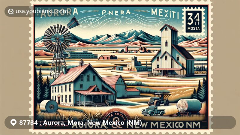 Modern illustration of Aurora, Mora, New Mexico, featuring Sangre de Cristo Mountains, Cleveland Roller Mill, Mora Valley Spinning Mill, Nuestra Señora de Guadalupe Church, local wildlife, piñon trees, and postal elements.