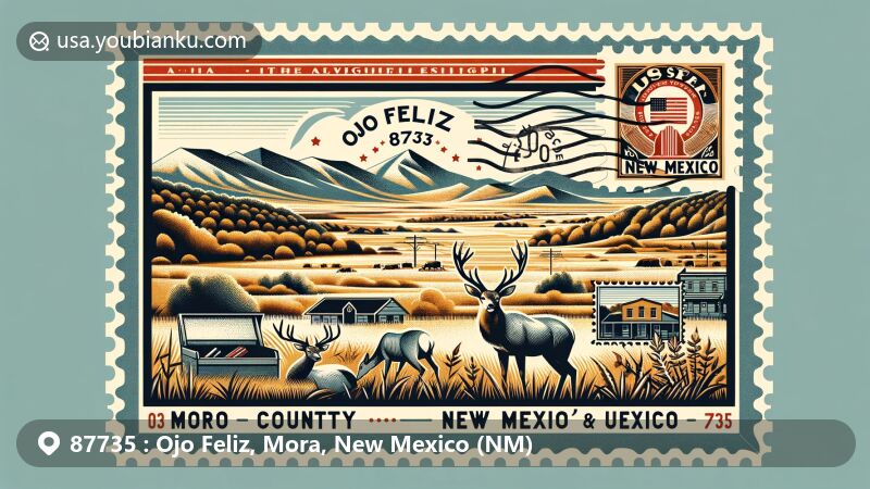Modern illustration of Ojo Feliz, Mora, New Mexico (NM), highlighting ZIP code 87735, rural landscape, local wildlife like deer or elk, and postal elements.