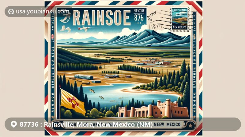 Modern illustration of Rainsville, Mora County, New Mexico, highlighting ZIP code 87736, featuring Sangre de Cristo Mountains, Morphy Lake State Park, and Fort Union National Monument.