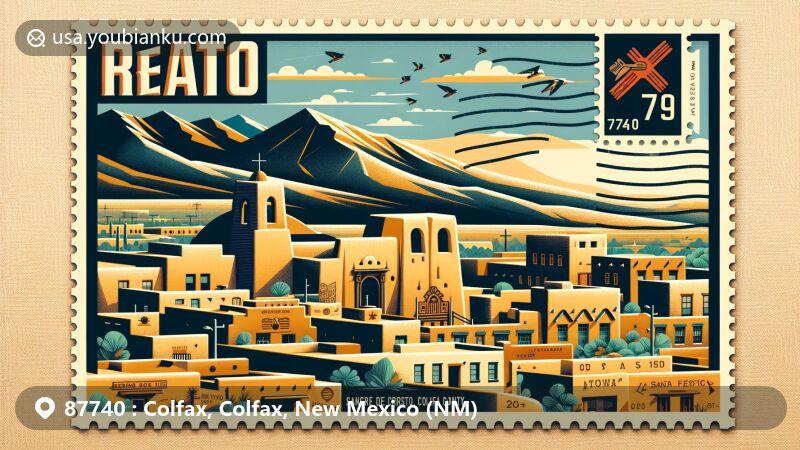 Modern postcard-style illustration of Raton, Colfax County, New Mexico, displaying Sangre de Cristo Mountains, Santa Fe Trail, adobe architecture, and green chili cuisine, featuring ZIP code 87740.