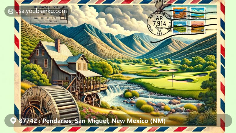 Creative illustration of Pendaries Village, San Miguel County, New Mexico, in a vintage air mail envelope, showcasing natural beauty at 7,907 feet elevation, including Pendaries Golf Course, historic grist mill, and postal elements with New Mexico state symbols.