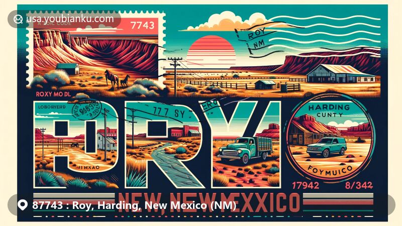 Modern illustration of Roy, Harding County, New Mexico, capturing rural charm, abandoned buildings, vast spaces, and sunset at the Harding County Fairgrounds, featuring Canyon Madness Ranch, Enciero Canyon, and New Mexico state symbols.