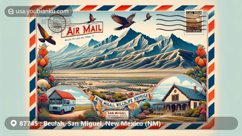 Modern illustration of Beulah, San Miguel County, New Mexico, featuring Sangre de Cristo Mountains, Las Vegas National Wildlife Refuge, and a historic New Mexico post office with ZIP code 87745.