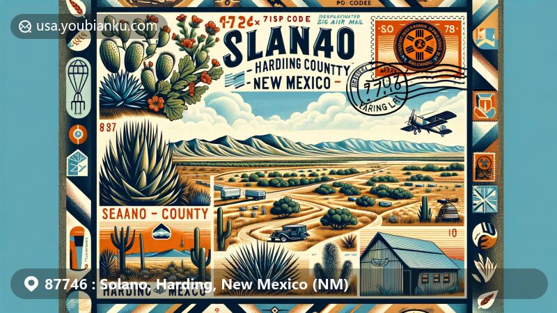 Modern illustration of Solano, Harding County, New Mexico, showcasing postal theme with ZIP code 87746, featuring distinctive landscapes, natural landmarks like Canadian Escarpment and river, state symbols like flag, yucca, piñon pine, chile, and frijoles, and vintage postal elements.