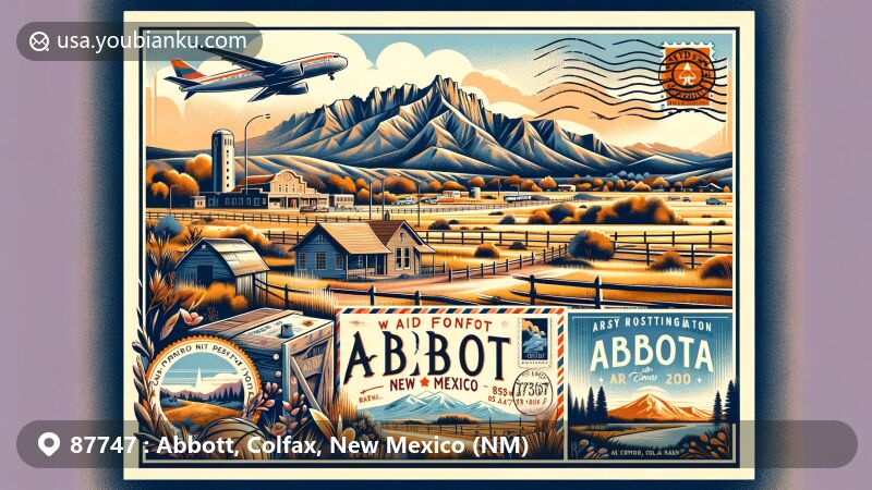 Modern illustration of Abbott, Colfax County, New Mexico, highlighting scenic Sangre de Cristo Mountains and prairies, incorporating Philmont Scout Ranch and NRA Whittington Center symbols, and showcasing postal theme with ZIP code 87747.