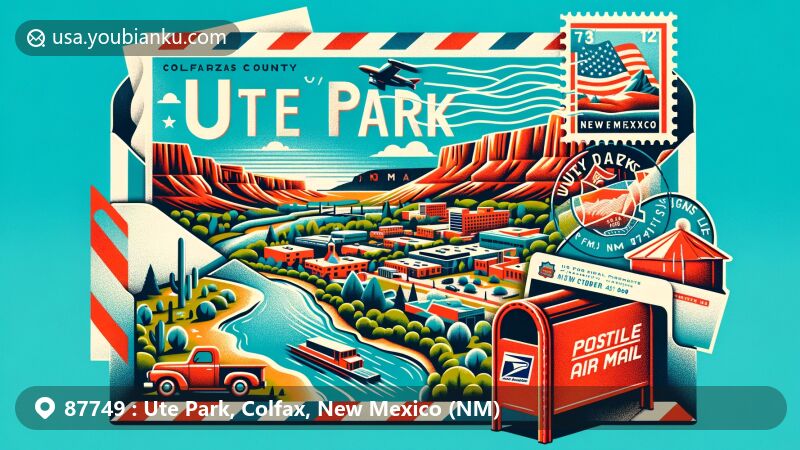 Modern illustration of Ute Park, Colfax County, New Mexico, featuring postal theme with ZIP code 87749, showcasing Ute Creek and Cimarron Canyon State Park.