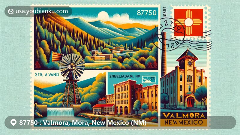Modern illustration of Valmora, New Mexico, blending natural beauty and historical landmarks for ZIP code 87750, featuring Mora Valley and symbolic architecture of Valmora Sanatorium Historic District.