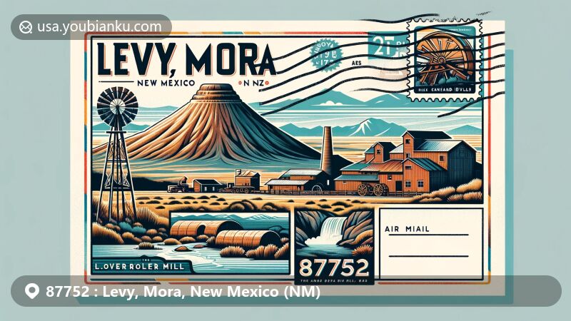 Modern illustration of Levy, Mora, New Mexico (NM) with ZIP code 87752, showcasing Wagon Mound, historic flour mills, Sangre de Cristo Mountains, Mora River, postal heritage, and vibrant local flora.