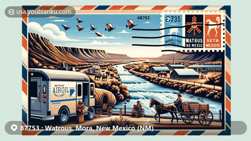Modern illustration of Watrous, New Mexico, featuring airmail envelope design with ZIP code 87753, showcasing confluence of Mora and Sapello Rivers and Santa Fe Trail travelers.