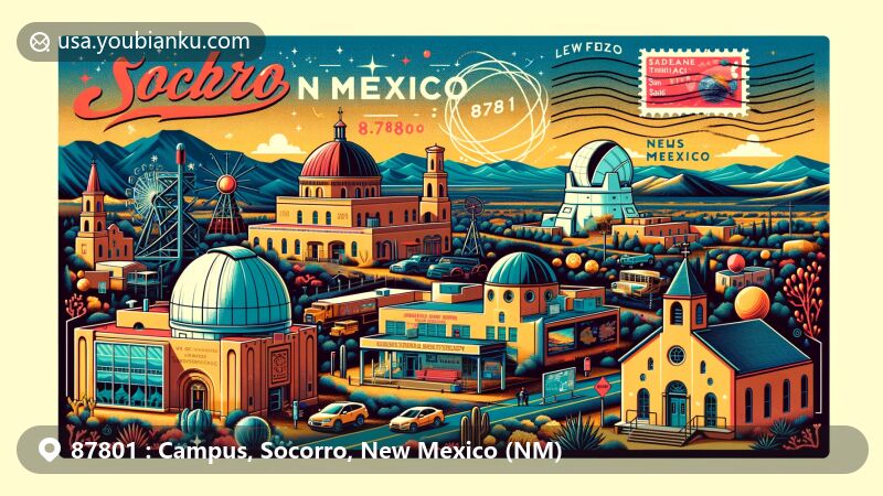 Modern illustration of Socorro, New Mexico, showcasing postal theme with ZIP code 87801, featuring New Mexico Institute of Mining and Technology, Magdalena Ridge Observatory, and San Miguel Mission, set against scenic backdrop of Rio Grande Valley and Magdalena Mountains.