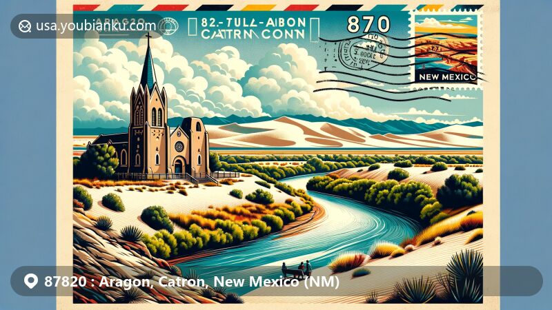 Modern illustration of Aragon, Catron County, New Mexico, featuring Tularosa River, Santo Niño church, Gila Cliff Dwellings, White Sands National Park, and postal theme with vintage air mail design.