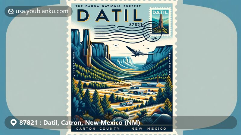 Modern illustration of Datil, Catron County, New Mexico, showcasing ZIP Code 87821 with a picturesque landscape at Cibola National Forest, featuring Enchanted Tower rock climbing hotspot symbolizing adventure.