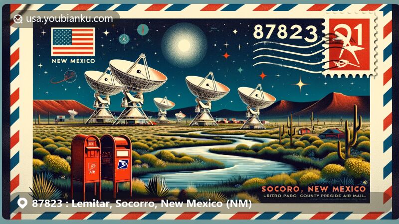Modern illustration of Lemitar, Socorro County, New Mexico, on an air mail envelope, highlighting the Very Large Array (VLA) and Rio Grande, with a red mailbox and ZIP Code 87823, featuring New Mexico state flag with chili pepper design and San Miguel Mission.