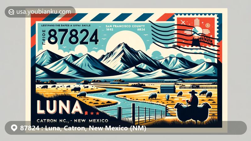 Modern wide-format illustration of Luna, Catron County, New Mexico, showcasing air mail envelope design highlighting majestic mountains, desert landscapes, San Francisco River, sheep ranching history, and New Mexico state flag, with a postal mark displaying 'Luna, NM 87824'.