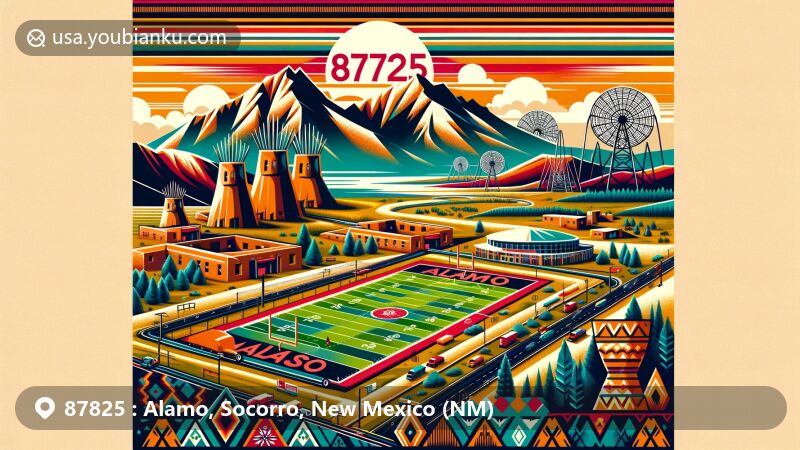 Modern illustration of Alamo, Socorro, New Mexico, featuring Alamo Navajo Indian Reservation, Cibola National Forest, and the Karl G. Jansky Very Large Array, with traditional Navajo patterns, adobe wall, football field, and postal elements.
