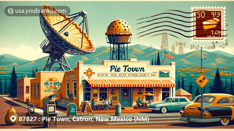 Modern illustration of Pie Town, New Mexico, in Catron County, featuring signature pies and the iconic Very Large Array radio telescope against a picturesque landscape.