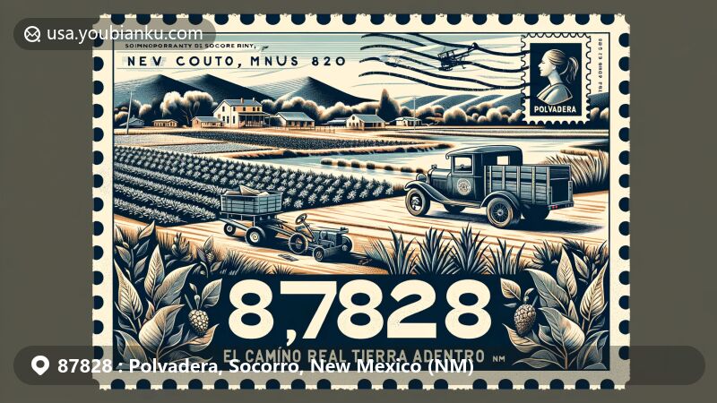 Modern illustration of Polvadera, Socorro County, New Mexico, depicting rural and agricultural themes with a vintage postcard showcasing postal theme featuring ZIP code 87828.