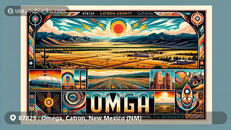 Creative illustration of Omega, Catron County, New Mexico (NM), highlighting ZIP code 87829, featuring landscapes, Mogollon Mountains, Mimbres culture, Apache heritage, and Lightning Field art installation.