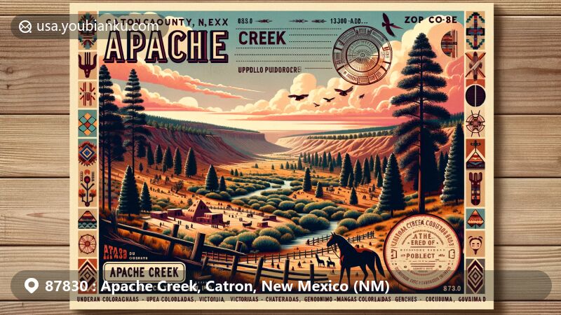 Modern illustration of Apache Creek, Catron County, New Mexico, showcasing natural beauty, Apache Creek Pueblo ruins, and Native American history, with ZIP code 87830 and Gila National Forest backdrop.