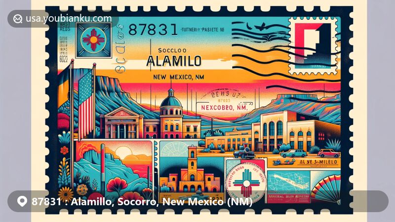 Modern illustration of Alamillo, New Mexico, featuring postal theme with ZIP code 87831, showcasing Socorro Historic Plaza and Mineral Museum against desert backdrop.