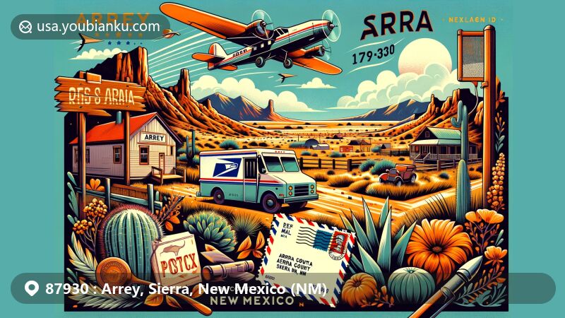 Modern illustration of Arrey, Sierra County, New Mexico, highlighting the serene desert landscape of the region with native flora and geological features, integrated with postal elements like vintage air mail envelope, postage stamp, mailbox, and postal truck, showcasing ZIP code 87930 and the names Arrey, Sierra, NM.