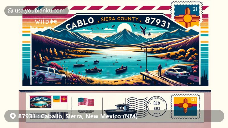Vibrant illustration of Caballo Lake and Caballo Mountains in Caballo, Sierra County, New Mexico, embodying the area's natural beauty, recreational activities like boating and birdwatching, and postal theme with ZIP code 87931.