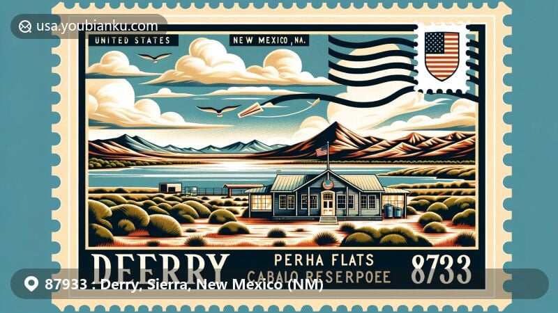 Modern illustration of Derry, Sierra County, New Mexico, featuring ZIP code 87933, depicting rugged landscape, Brushy Mountain, Percha Flats Caballo Reservoir, post office, state flag, postal elements, and creative design.